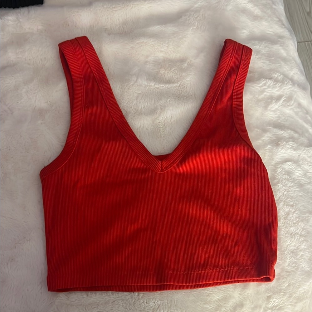 Red Ribbed V-Neck Crop Top